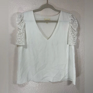 Sezane Colette Blouse Vneck Short Sleeve Lace Puff Shoulder White Women’s US 10